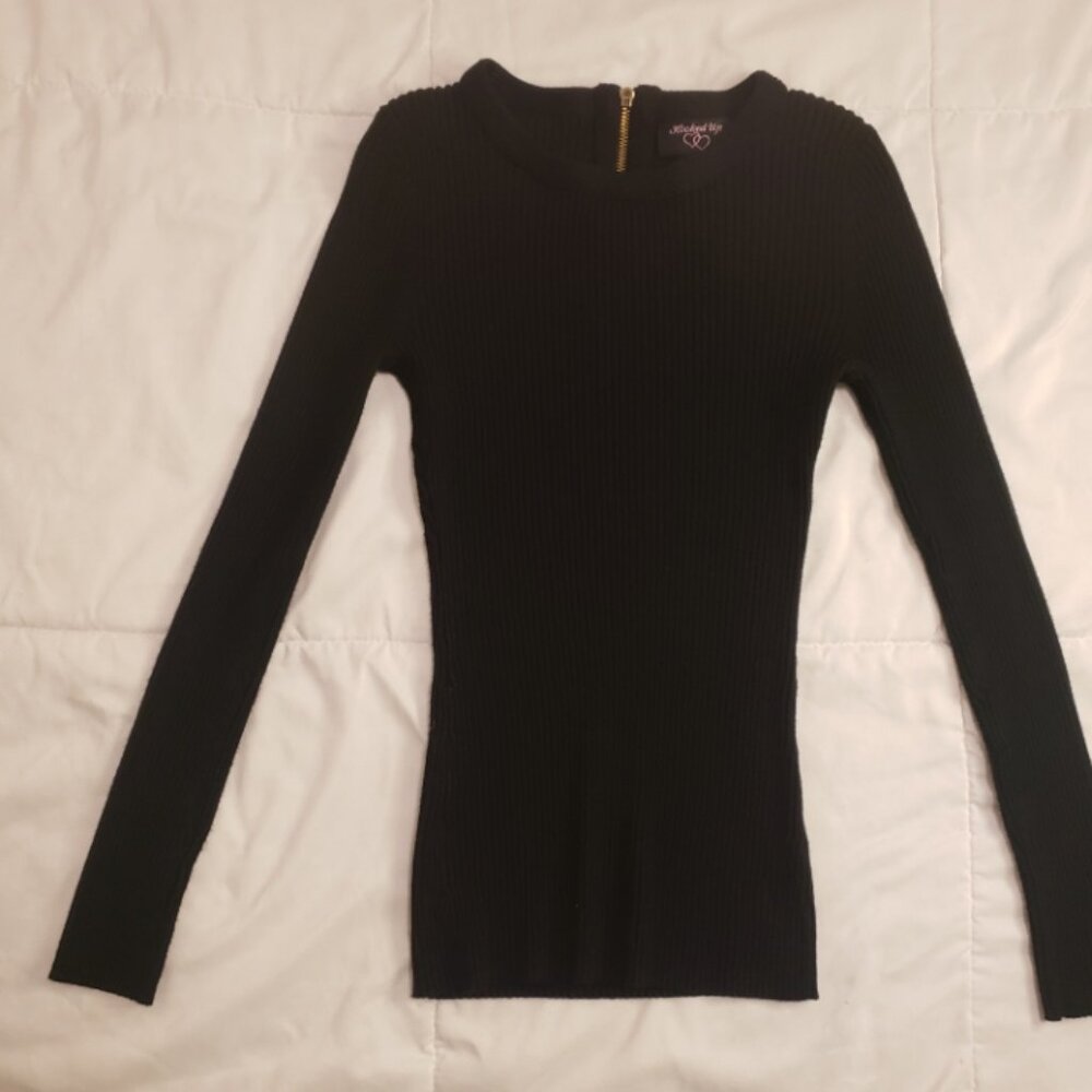 Women's Ribbed Long Sleeve Knit Shirt Size M Medium Black Back Zip Detail Look